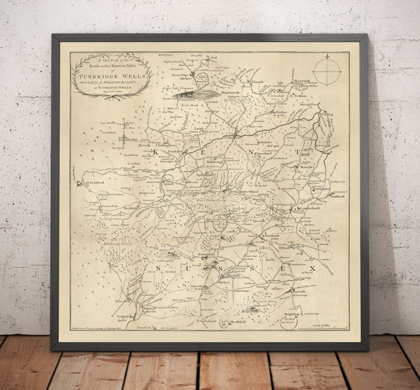 Antiguo mapa de Tunbridge Wells y 14 millas a la redonda por Jasper Sprange, 1802 - Kent, East Sussex