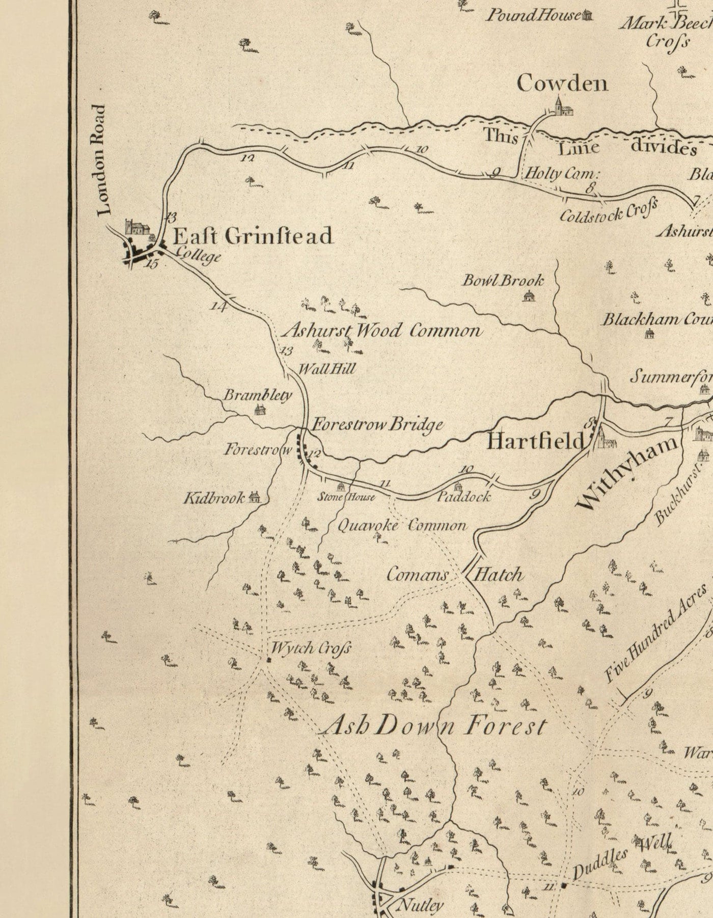 Antiguo mapa de Tunbridge Wells y 14 millas a la redonda por Jasper Sprange, 1802 - Kent, East Sussex