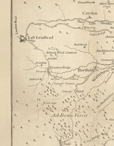 Antiguo mapa de Tunbridge Wells y 14 millas a la redonda por Jasper Sprange, 1802 - Kent, East Sussex