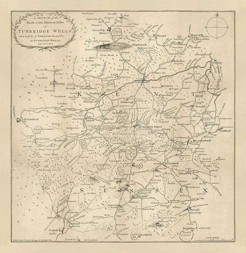 Antiguo mapa de Tunbridge Wells y 14 millas a la redonda por Jasper Sprange, 1802 - Kent, East Sussex
