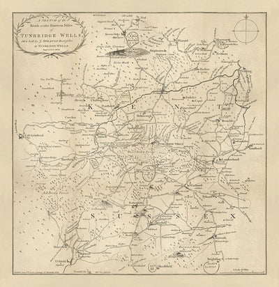 Antiguo mapa de Tunbridge Wells y 14 millas a la redonda por Jasper Sprange, 1802 - Kent, East Sussex