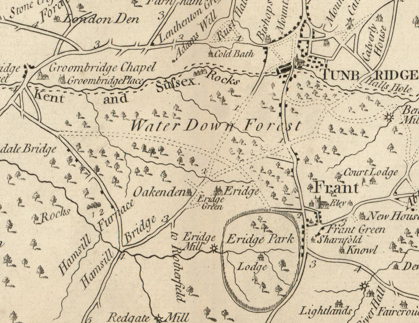 Antiguo mapa de Tunbridge Wells y 14 millas a la redonda por Jasper Sprange, 1802 - Kent, East Sussex