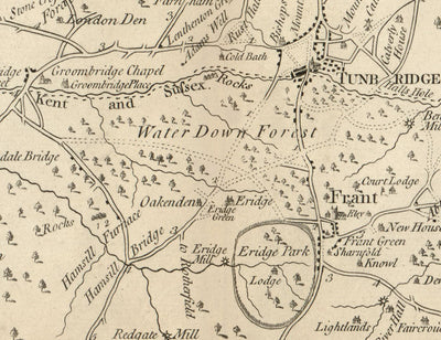 Antiguo mapa de Tunbridge Wells y 14 millas a la redonda por Jasper Sprange, 1802 - Kent, East Sussex