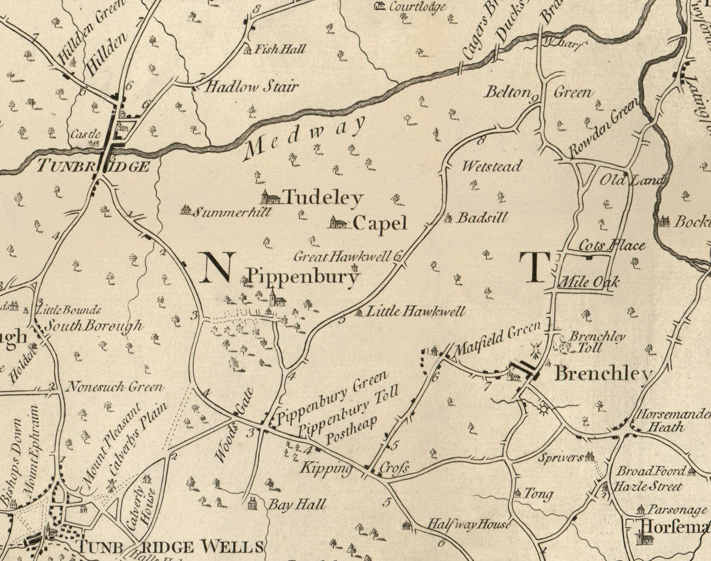 Antiguo mapa de Tunbridge Wells y 14 millas a la redonda por Jasper Sprange, 1802 - Kent, East Sussex