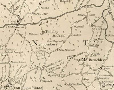Antiguo mapa de Tunbridge Wells y 14 millas a la redonda por Jasper Sprange, 1802 - Kent, East Sussex