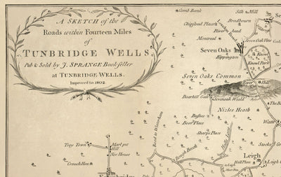 Antiguo mapa de Tunbridge Wells y 14 millas a la redonda por Jasper Sprange, 1802 - Kent, East Sussex