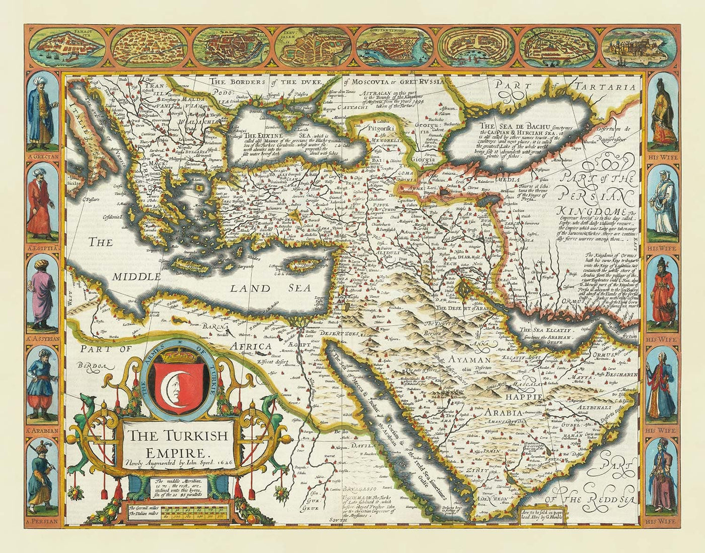Old Map of the Turkish / Ottoman Empire by John Speed, 1627 - Turkey, Balkans, Greece, Iran, Egypt, Syria