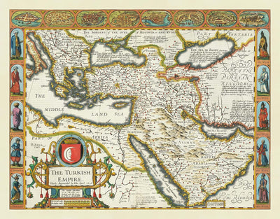 Old Map of the Turkish / Ottoman Empire by John Speed, 1627 - Turkey, Balkans, Greece, Iran, Egypt, Syria