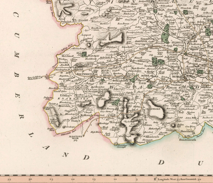 Mappa antica del Northumberland nel 1801 di John Cary - Newcastle, Belford, Hexham, Haltwhistle, Durham 