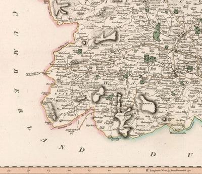 Old Map of Northumberland in 1801 by John Cary - Newcastle, Belford, Hexham, Haltwhistle, Durham