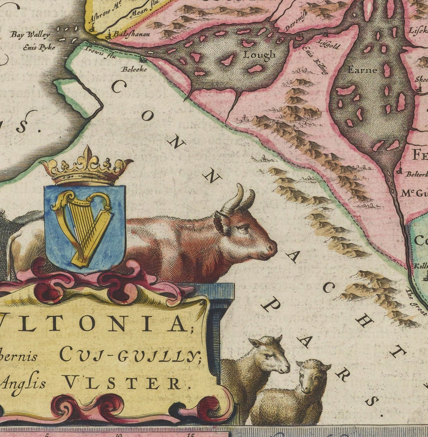 Old Map of Ulster, Northern Ireland in 1665 by Joan Blaeu - Belfast, Derry, County Antrim & Down, Eire