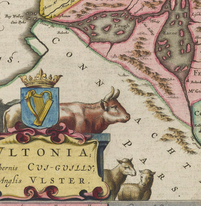 Old Map of Ulster, Northern Ireland in 1665 by Joan Blaeu - Belfast, Derry, County Antrim & Down, Eire