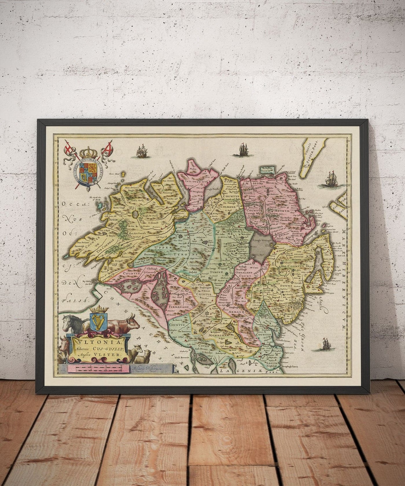 Old Map of Ulster, Northern Ireland in 1665 by Joan Blaeu - Belfast, Derry, County Antrim & Down, Eire