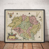 Alte Karte von Ulster, Nordirland im Jahr 1665 von Joan Blaeu - Belfast, Derry, County Antrim & Down, Eire 