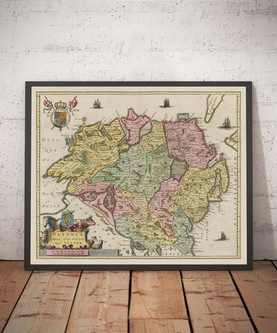 Old Map of Ulster, Northern Ireland in 1665 by Joan Blaeu - Belfast, Derry, County Antrim & Down, Eire