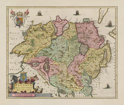 Old Map of Ulster, Northern Ireland in 1665 by Joan Blaeu - Belfast, Derry, County Antrim & Down, Eire