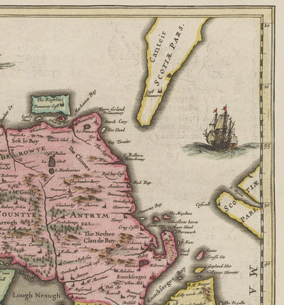 Old Map of Ulster, Northern Ireland in 1665 by Joan Blaeu - Belfast, Derry, County Antrim & Down, Eire