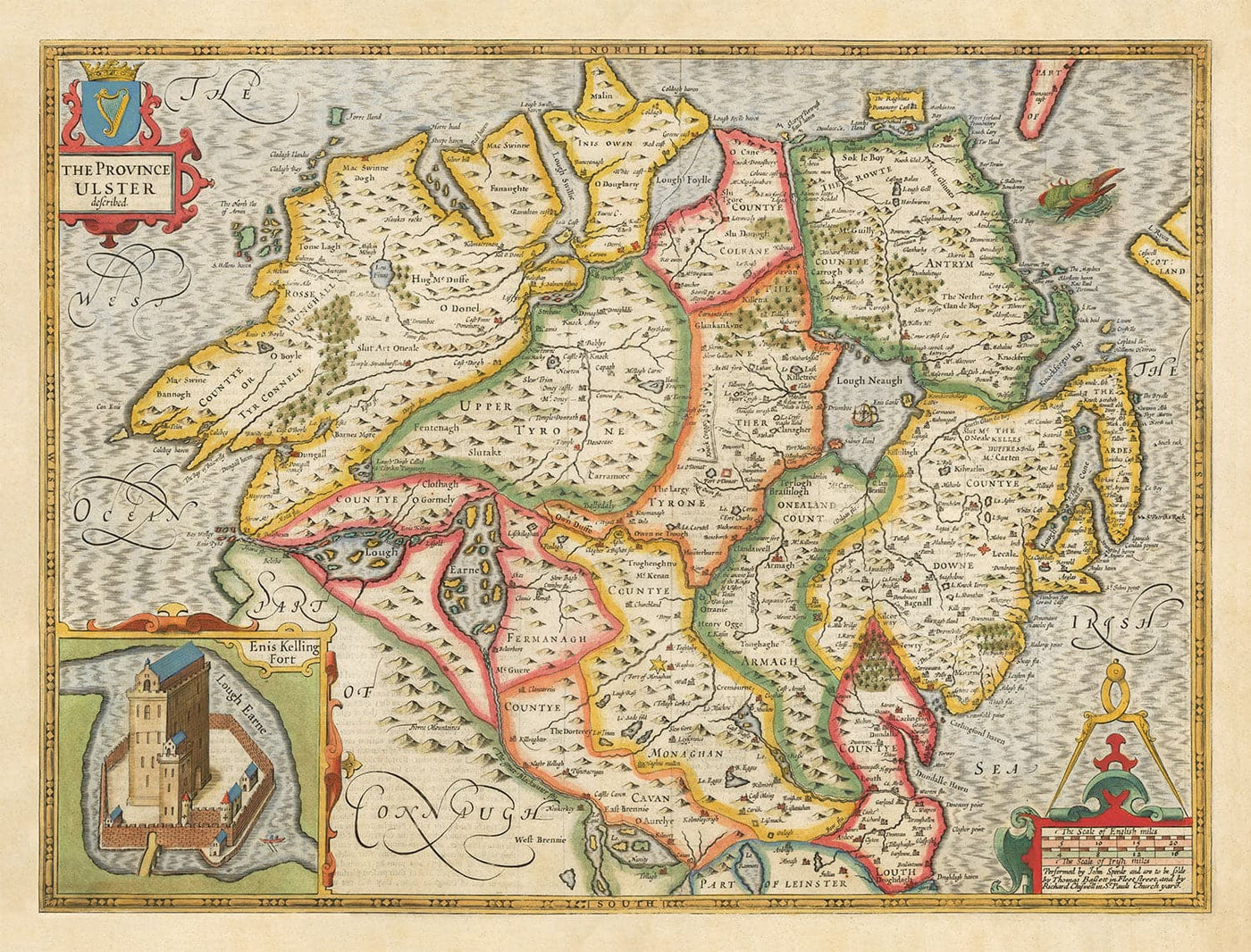 Old Map of Ulster, Northern Ireland in 1611 by John Speed - Belfast, Derry, County Antrim & Down