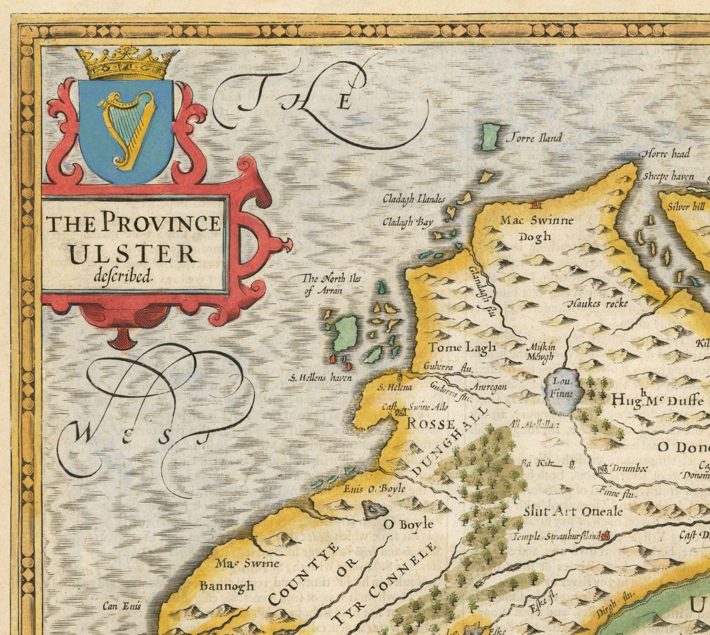 Old Map of Ulster, Northern Ireland in 1611 by John Speed - Belfast, Derry, County Antrim & Down