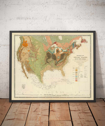 Antiguo mapa geológico de EE.UU. y Canadá por Rogers & Johnston, 1856 - Geological Chart of America