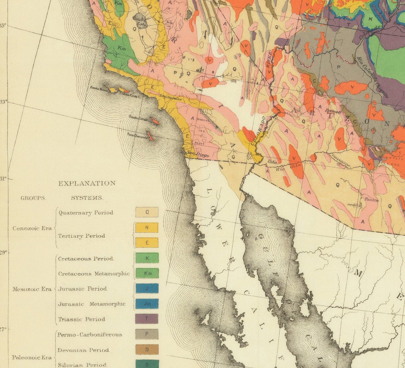 Mapa de geología antiguo raro de Estados Unidos y Canadá, 1886 por Charles Henry Hitchcock