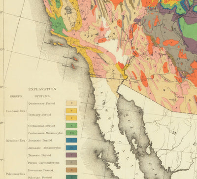 Mapa de geología antiguo raro de Estados Unidos y Canadá, 1886 por Charles Henry Hitchcock