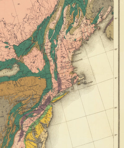 Mapa de geología antiguo raro de Estados Unidos y Canadá, 1886 por Charles Henry Hitchcock