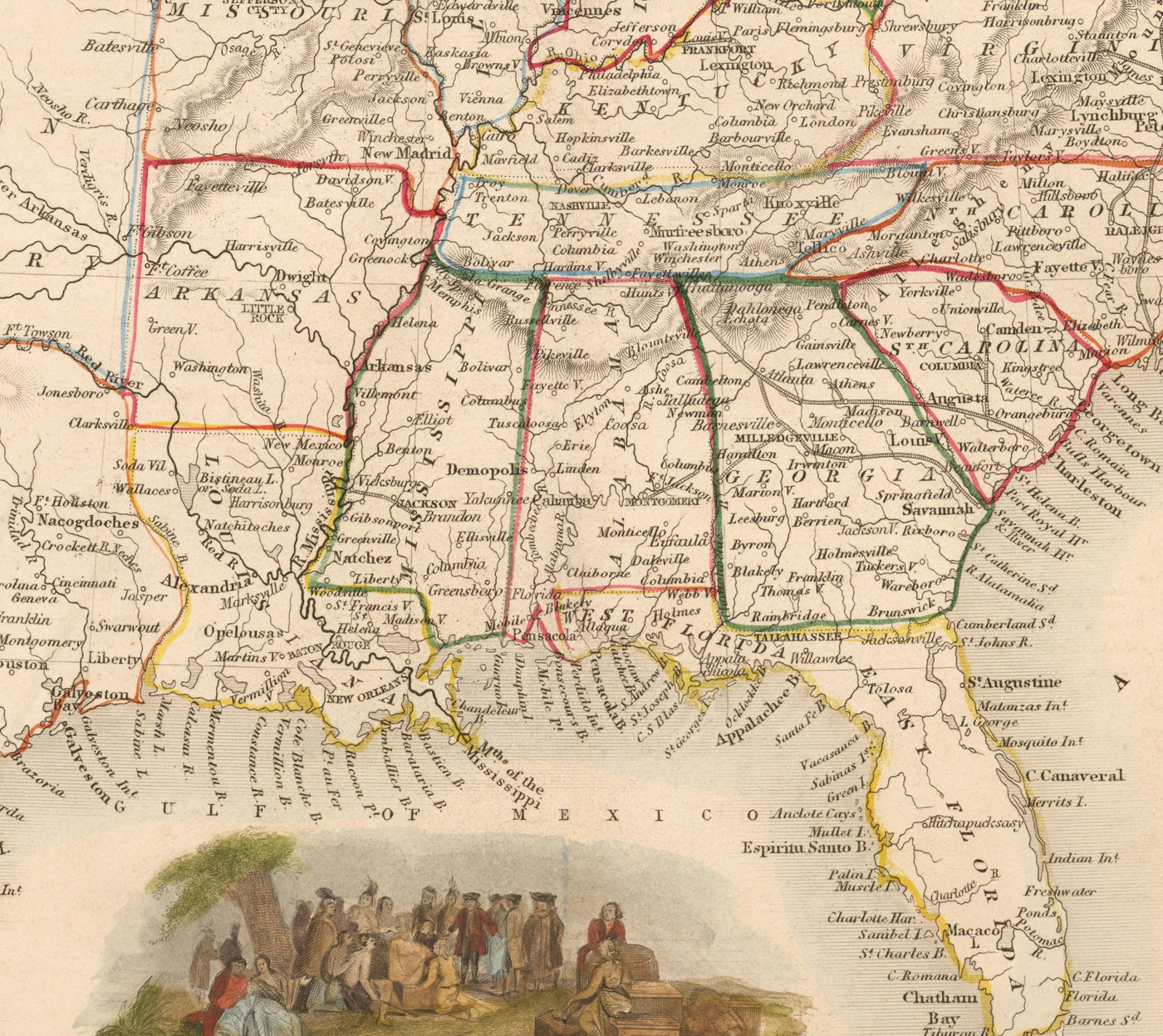 Mapa antiguo de los Estados Unidos, 1851 por Tallis & Rapkin - Gran Territorio de Texas, Occidental y Missouri, Fronteras impares