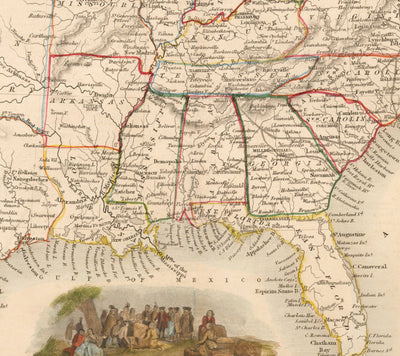 Mapa antiguo de los Estados Unidos, 1851 por Tallis & Rapkin - Gran Territorio de Texas, Occidental y Missouri, Fronteras impares