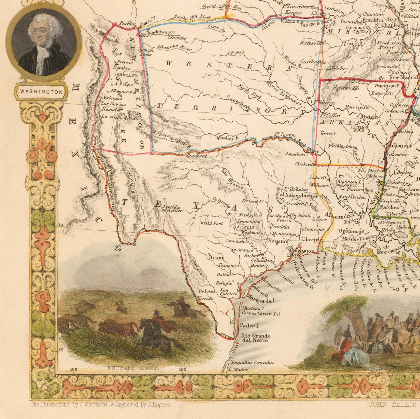 Mapa antiguo de los Estados Unidos, 1851 por Tallis & Rapkin - Gran Territorio de Texas, Occidental y Missouri, Fronteras impares
