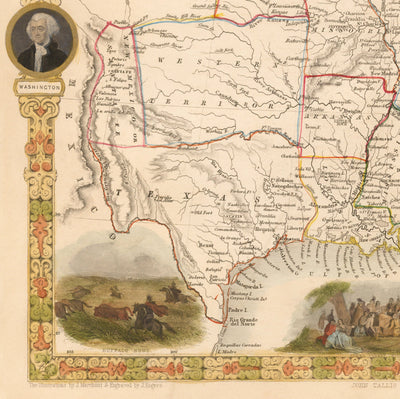 Mapa antiguo de los Estados Unidos, 1851 por Tallis & Rapkin - Gran Territorio de Texas, Occidental y Missouri, Fronteras impares
