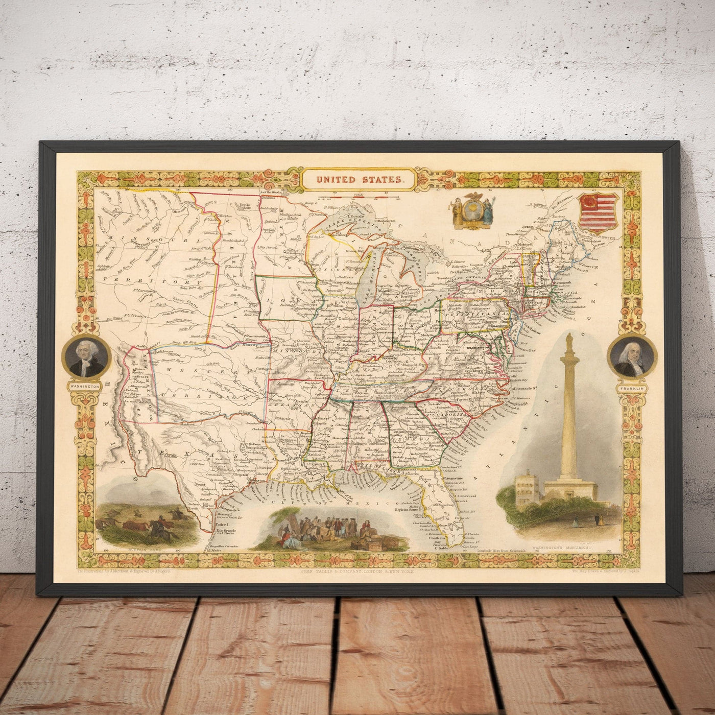 Mapa antiguo de los Estados Unidos, 1851 por Tallis & Rapkin - Gran Territorio de Texas, Occidental y Missouri, Fronteras impares
