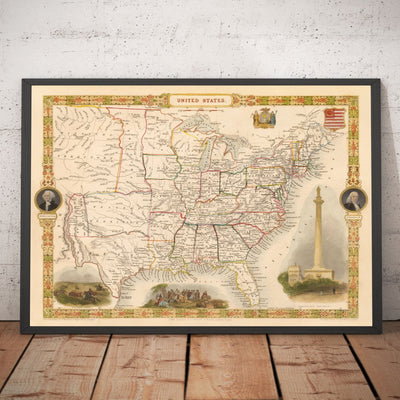 Mapa antiguo de los Estados Unidos, 1851 por Tallis & Rapkin - Gran Territorio de Texas, Occidental y Missouri, Fronteras impares