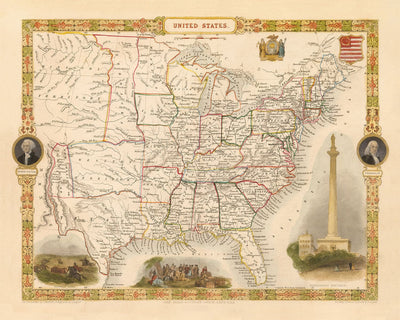 Mapa antiguo de los Estados Unidos, 1851 por Tallis & Rapkin - Gran Territorio de Texas, Occidental y Missouri, Fronteras impares