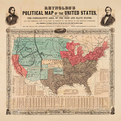 Mapa político antiguo de los Estados Unidos, 1856 - Guerra civil estadounidense Free vs. States Slate, North vs. South - Missouri Compromise