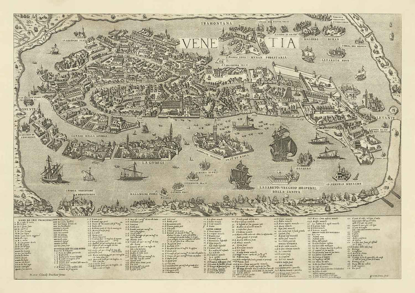 Seltene alte Karte von Venedig, 1570 von Claudio Duchetti - San Giorgio Maggiore, Giudecca, Canal Grande, Handelsschiffe 