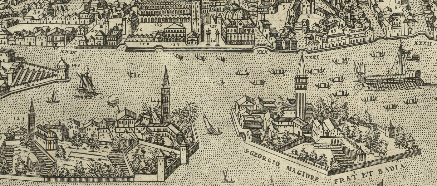 Seltene alte Karte von Venedig, 1570 von Claudio Duchetti - San Giorgio Maggiore, Giudecca, Canal Grande, Handelsschiffe 