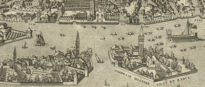 Seltene alte Karte von Venedig, 1570 von Claudio Duchetti - San Giorgio Maggiore, Giudecca, Canal Grande, Handelsschiffe 