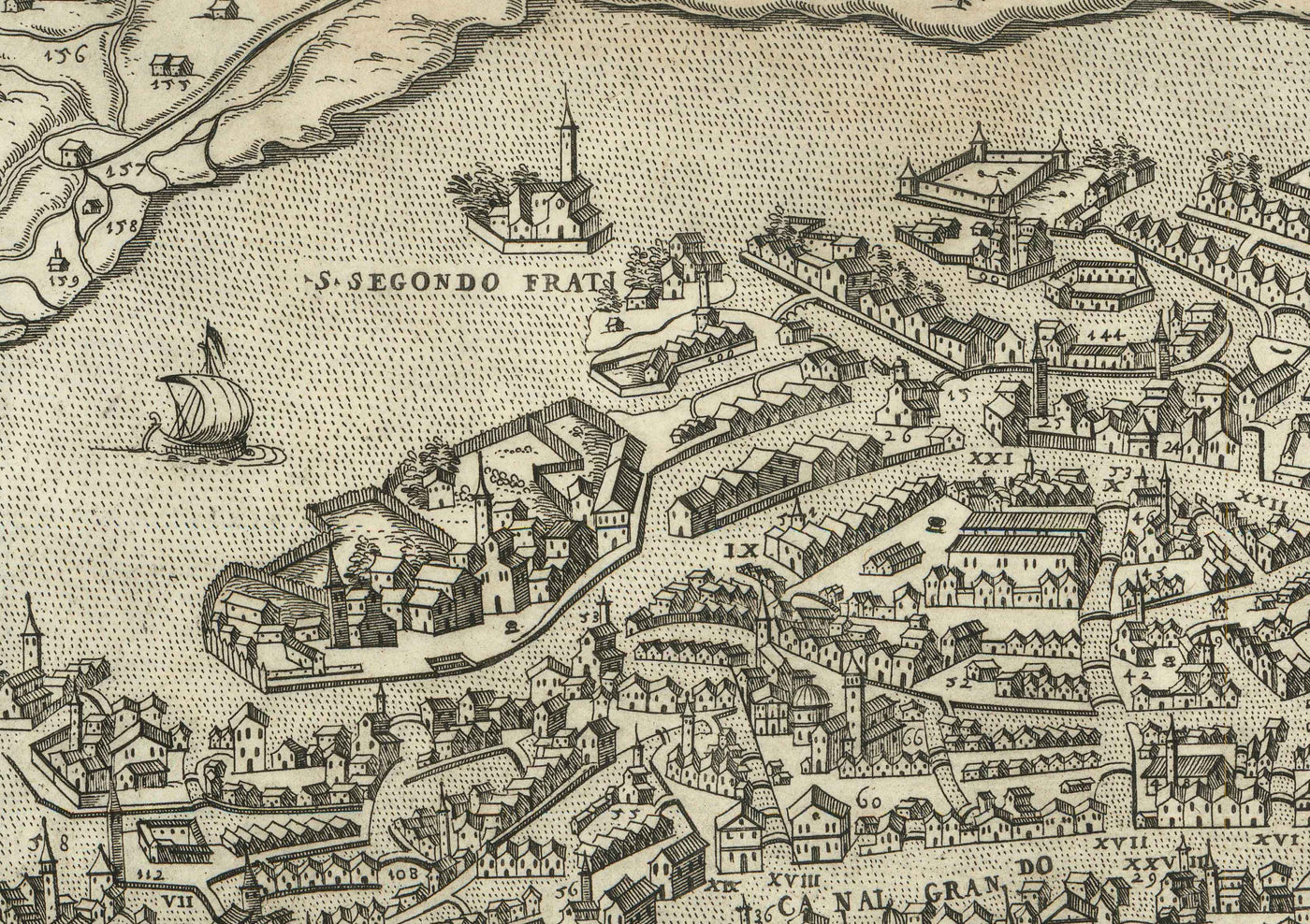 Seltene alte Karte von Venedig, 1570 von Claudio Duchetti - San Giorgio Maggiore, Giudecca, Canal Grande, Handelsschiffe 