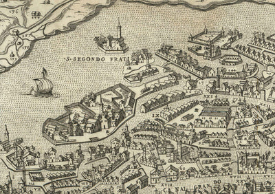 Seltene alte Karte von Venedig, 1570 von Claudio Duchetti - San Giorgio Maggiore, Giudecca, Canal Grande, Handelsschiffe 