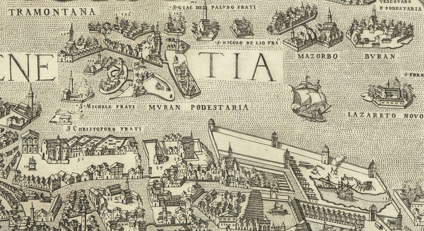Seltene alte Karte von Venedig, 1570 von Claudio Duchetti - San Giorgio Maggiore, Giudecca, Canal Grande, Handelsschiffe 