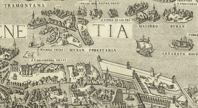 Seltene alte Karte von Venedig, 1570 von Claudio Duchetti - San Giorgio Maggiore, Giudecca, Canal Grande, Handelsschiffe 