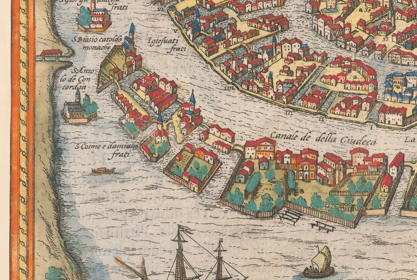 Mapa muy antiguo de Venecia, 1572 de Georg Braun - Venezia, Murano, Burano, Giudecca, Laguna veneciana