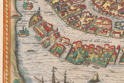 Mapa muy antiguo de Venecia, 1572 de Georg Braun - Venezia, Murano, Burano, Giudecca, Laguna veneciana