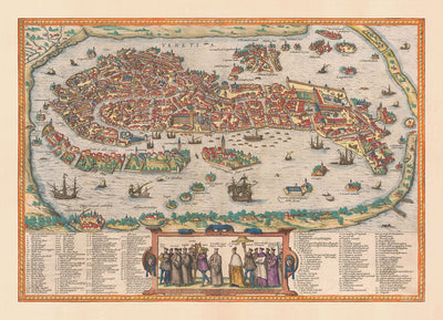 Mapa muy antiguo de Venecia, 1572 de Georg Braun - Venezia, Murano, Burano, Giudecca, Laguna veneciana