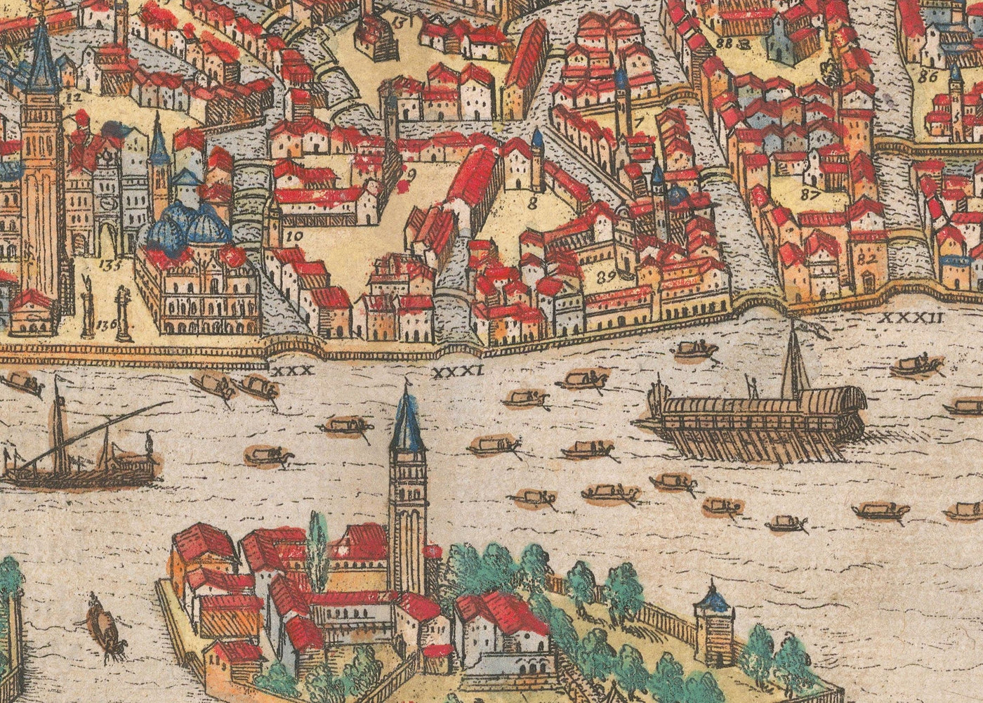 Mapa muy antiguo de Venecia, 1572 de Georg Braun - Venezia, Murano, Burano, Giudecca, Laguna veneciana