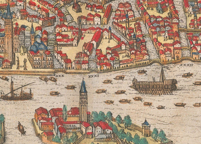 Mapa muy antiguo de Venecia, 1572 de Georg Braun - Venezia, Murano, Burano, Giudecca, Laguna veneciana