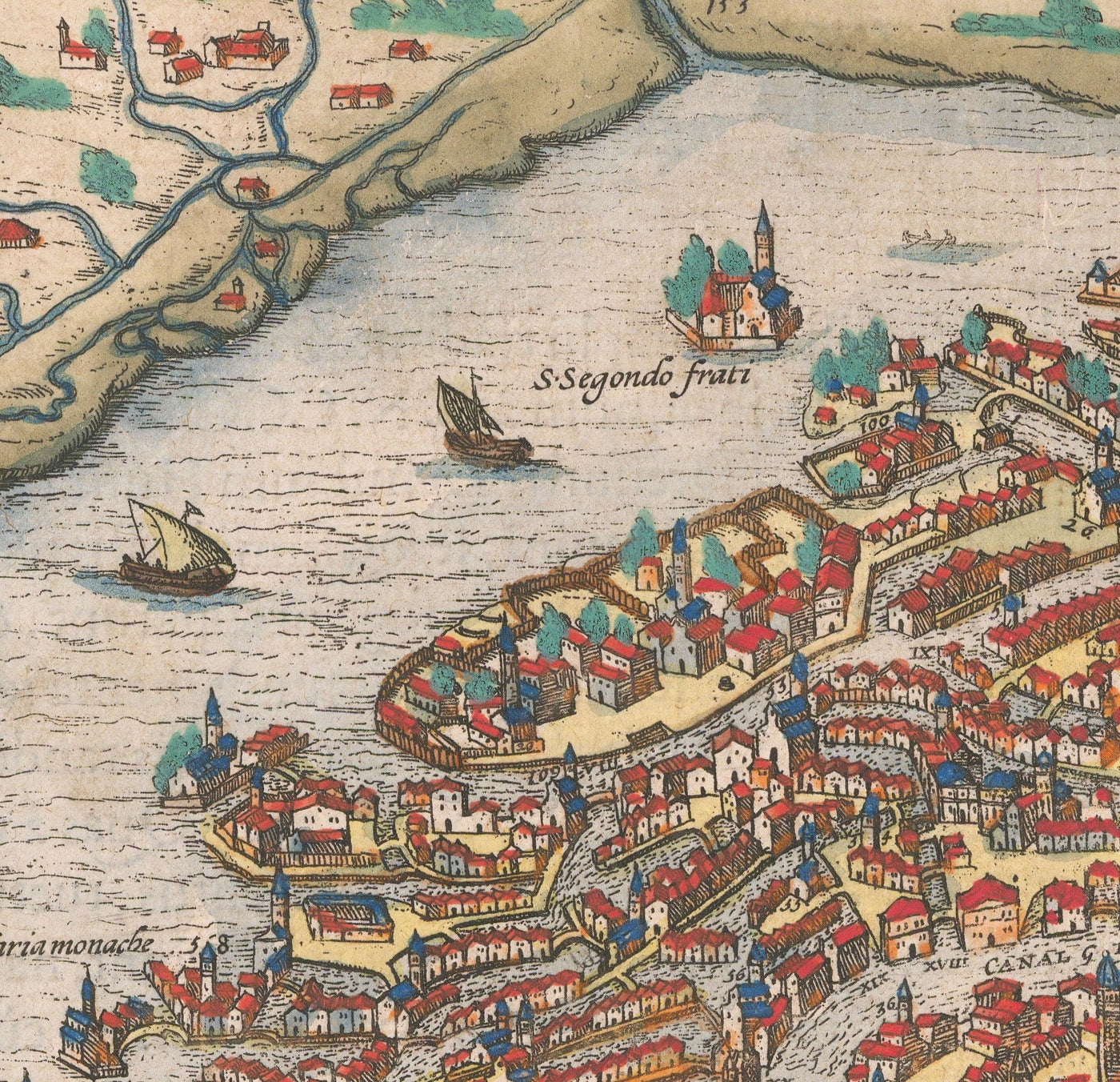 Mapa muy antiguo de Venecia, 1572 de Georg Braun - Venezia, Murano, Burano, Giudecca, Laguna veneciana