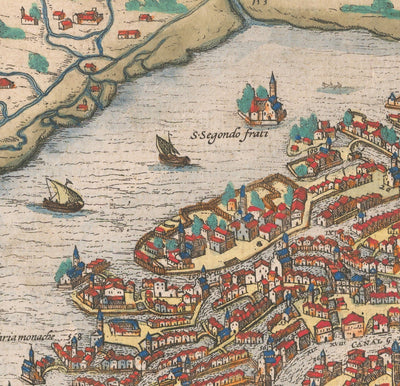 Mapa muy antiguo de Venecia, 1572 de Georg Braun - Venezia, Murano, Burano, Giudecca, Laguna veneciana