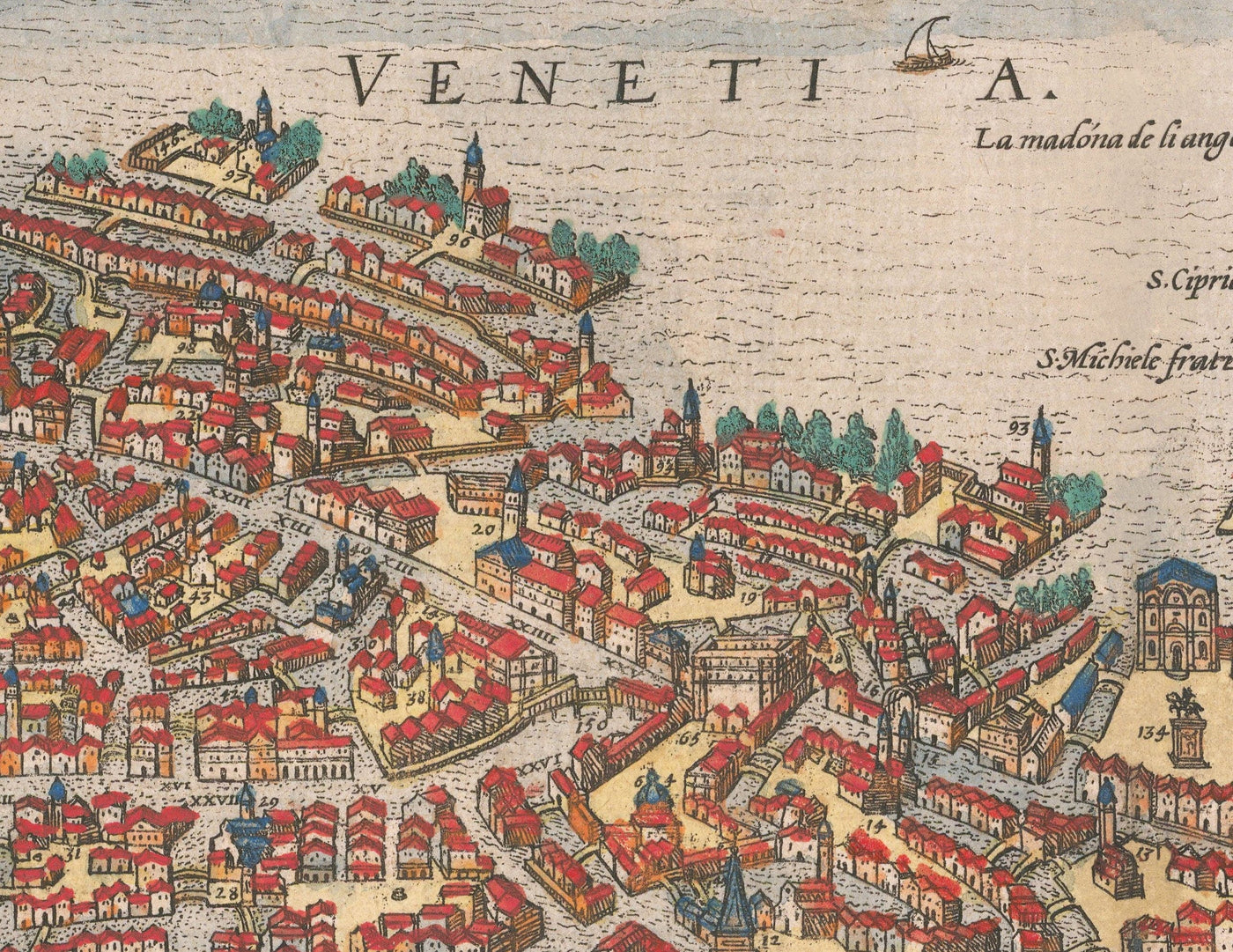 Mapa muy antiguo de Venecia, 1572 de Georg Braun - Venezia, Murano, Burano, Giudecca, Laguna veneciana